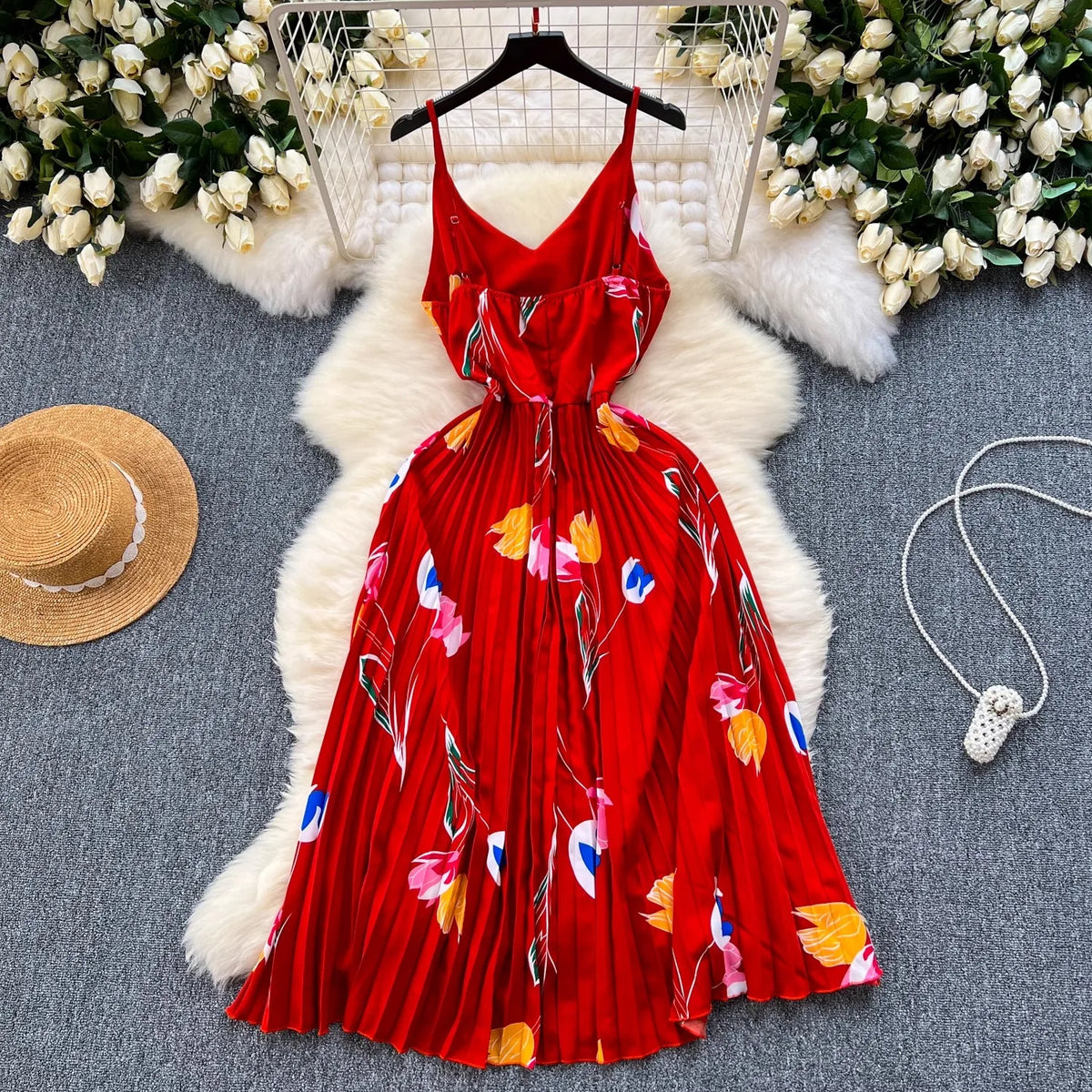 Floral Backless Pleated Maxi Dress