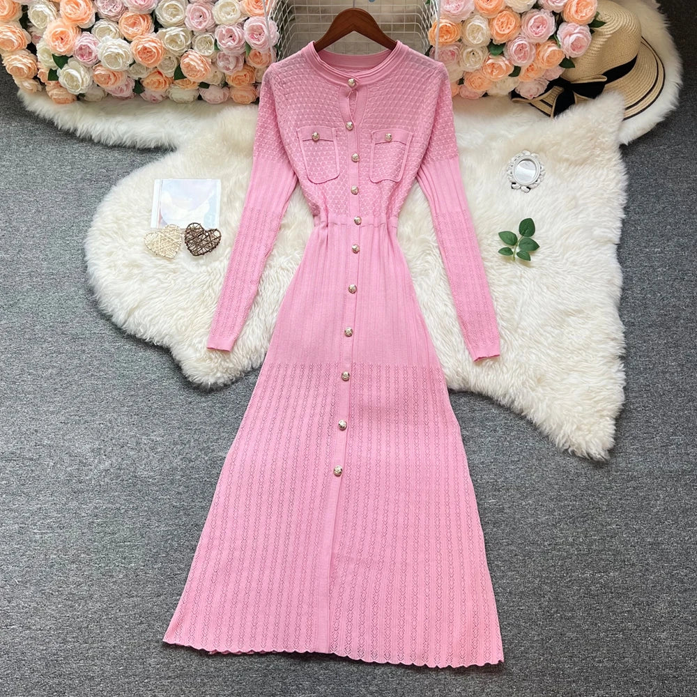 Long Sleeve Button Front A-Line Maxi Dress