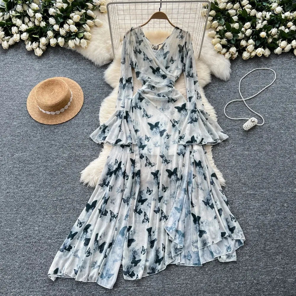 Asymmetric Print Flare Sleeve A-Line Dress