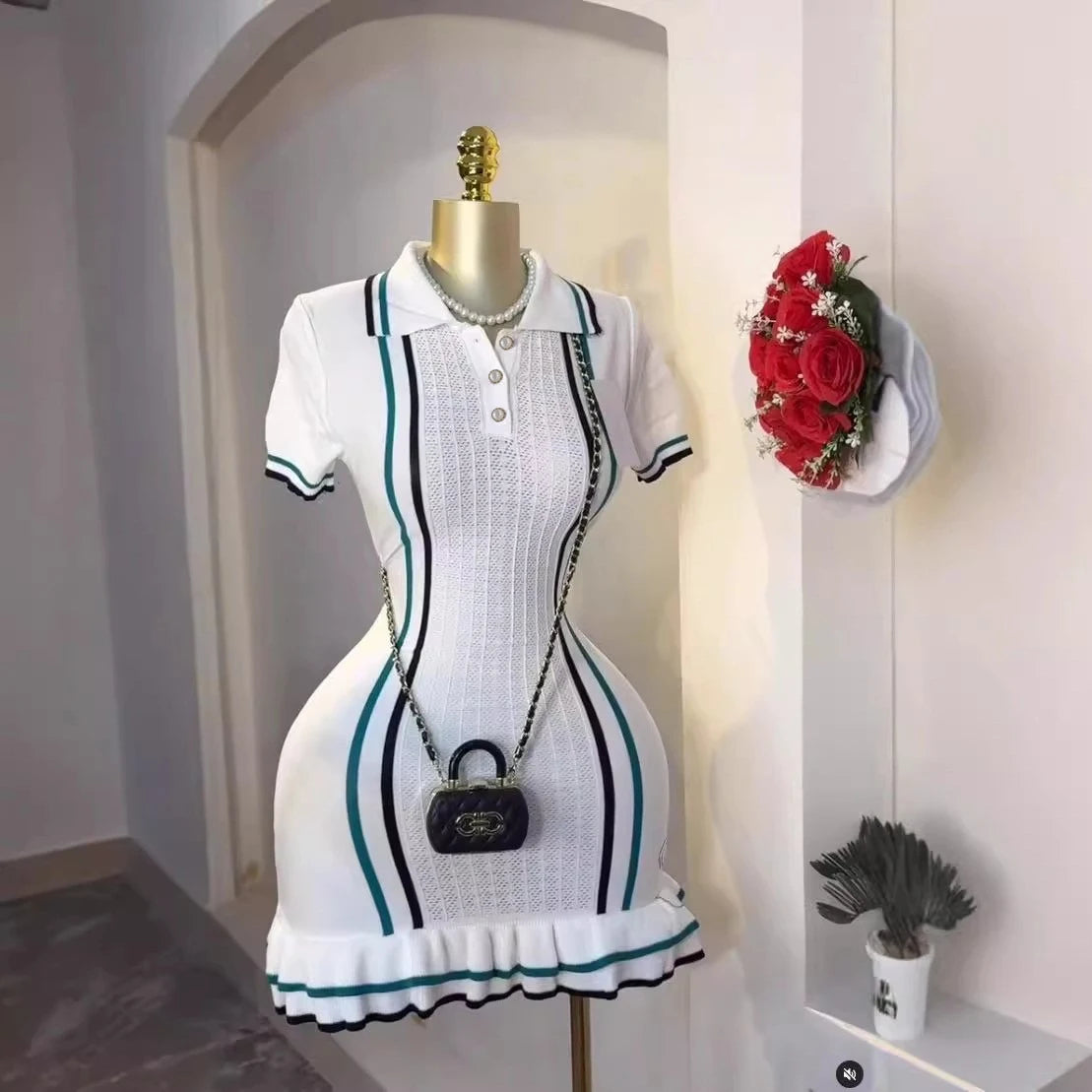 Collared Ruffled Knit Mini Dress