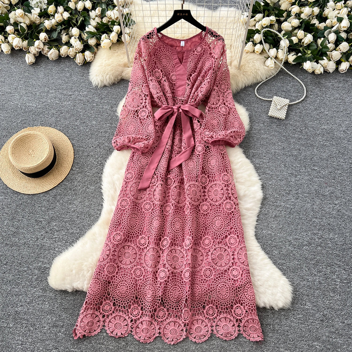 Crochet Embroidered Lace Maxi Dress