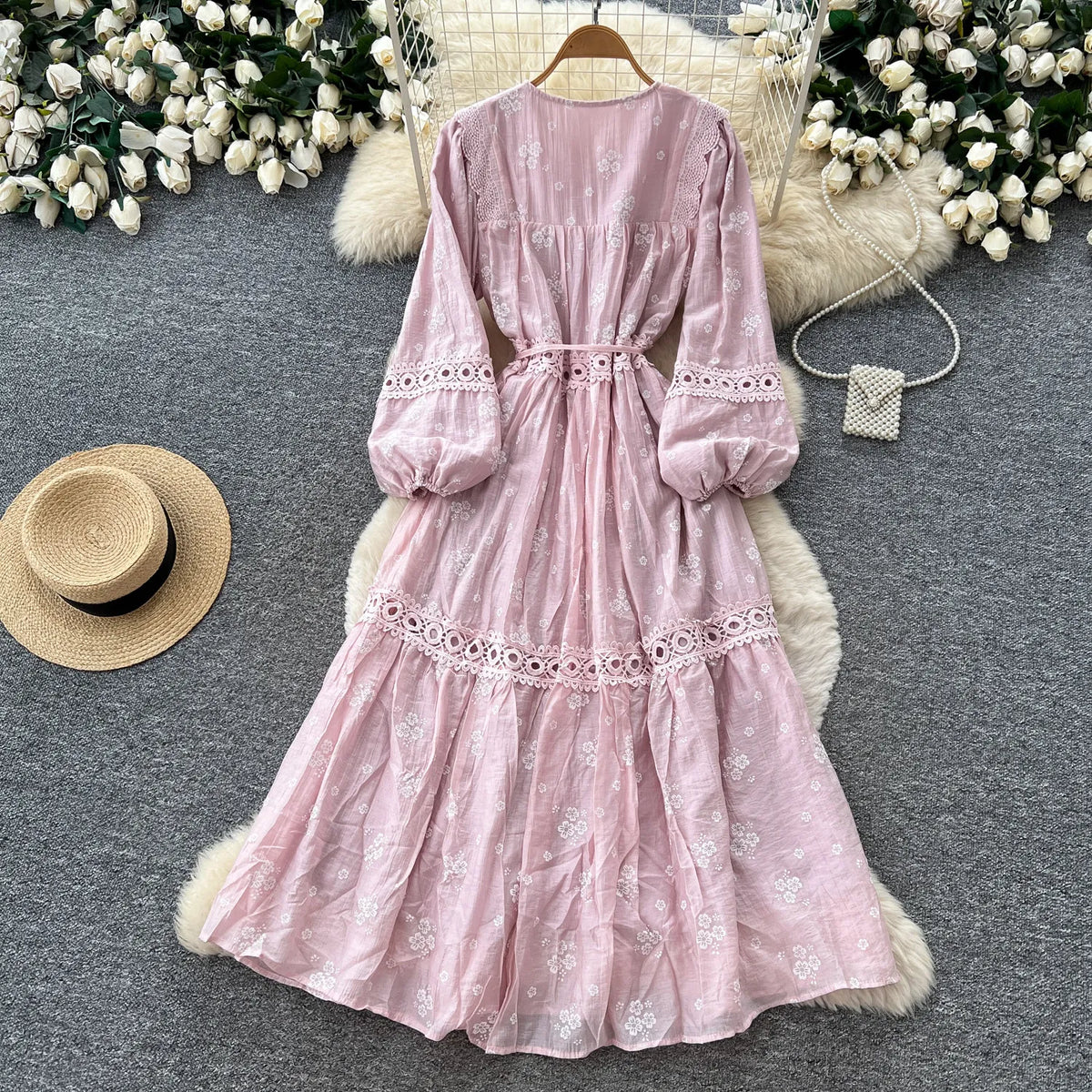 Jacquard Ruffle Puff Sleeve Swing Dress