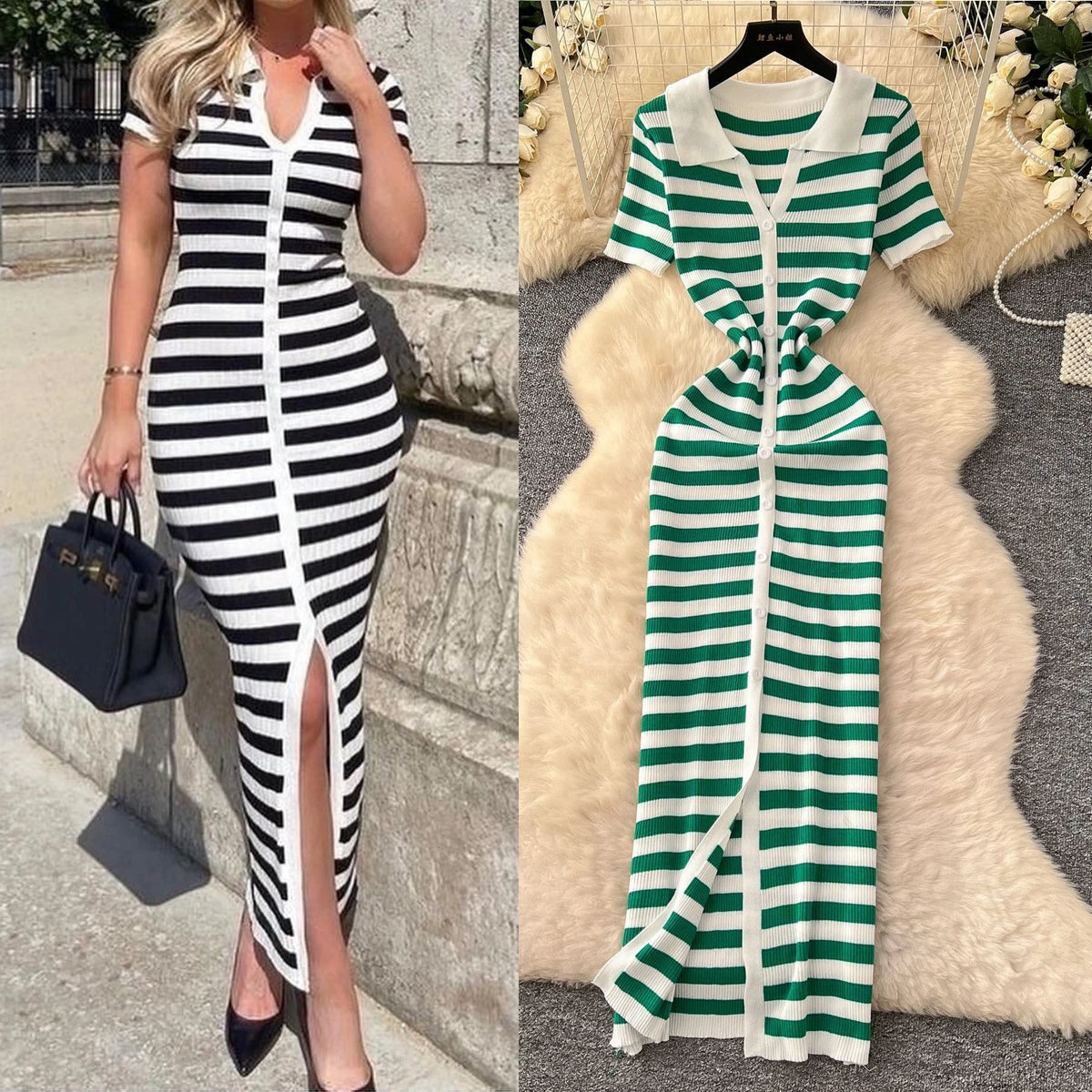 Black And White Striped Knit Bodycon Maxi Dress