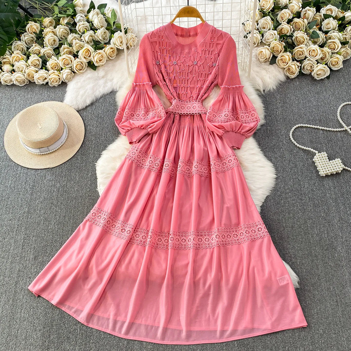 Lace Patchwork Lantern Sleeve Maxi Dress