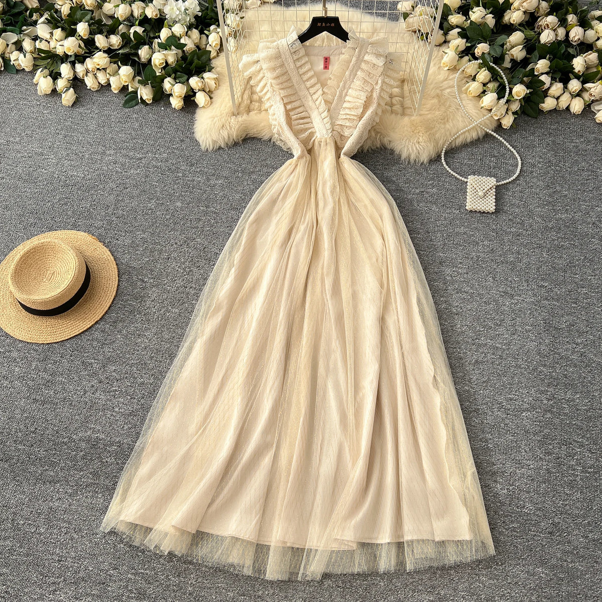 Lettuce Trim Mesh V-Neck Evening Dress