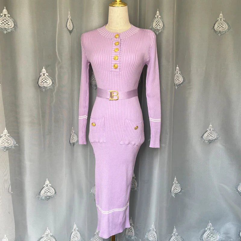 Belted Button Knit Bodycon Sweater Dress