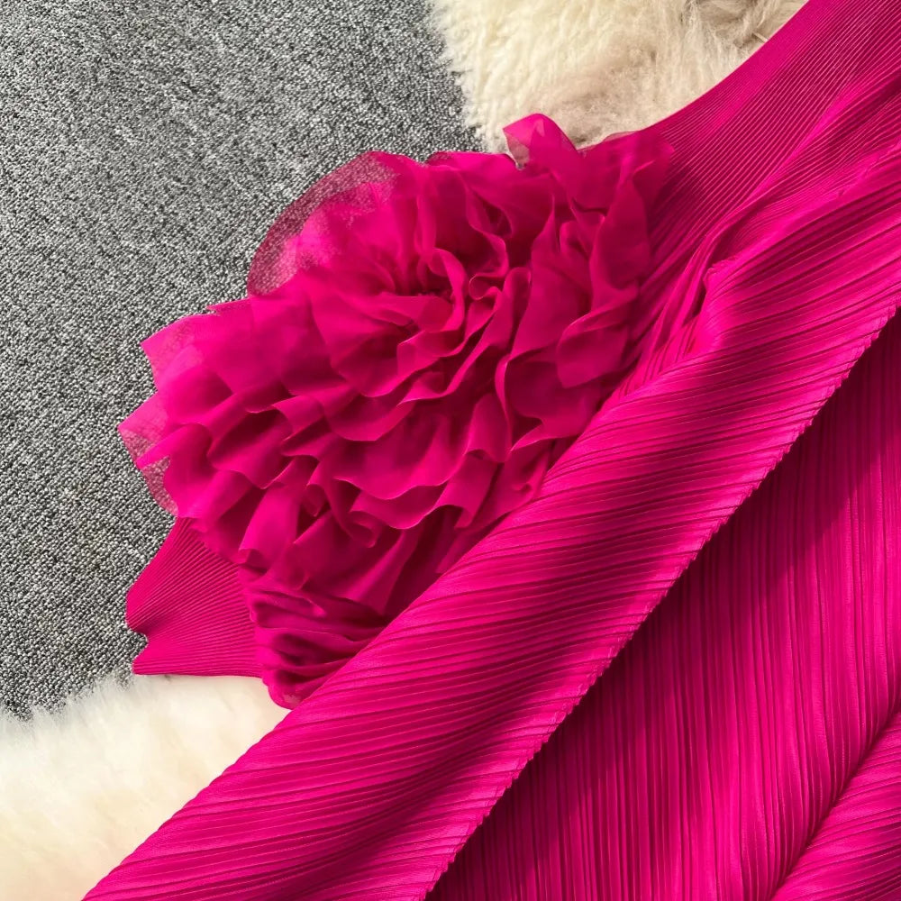Pleated 3D Flower Loose Long Dress