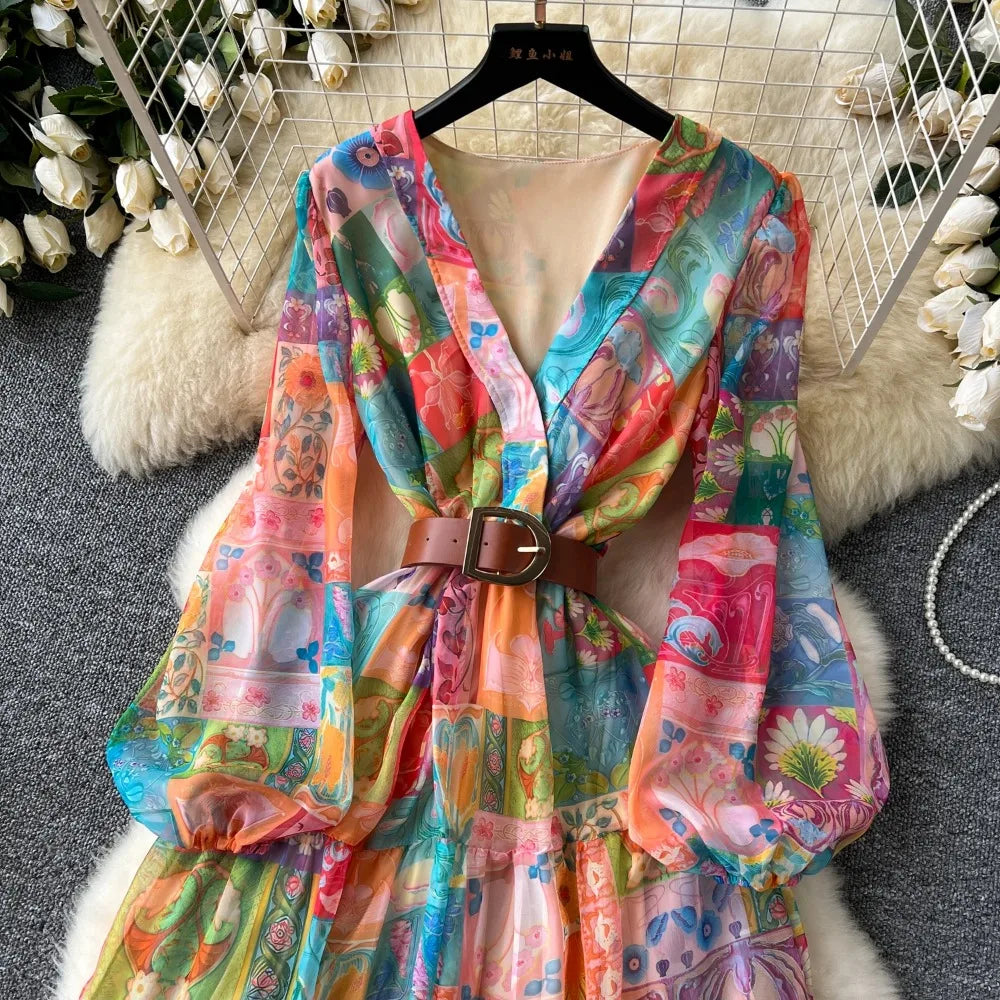 Chiffon Print Lantern Sleeve Ruffle A-Line Dress