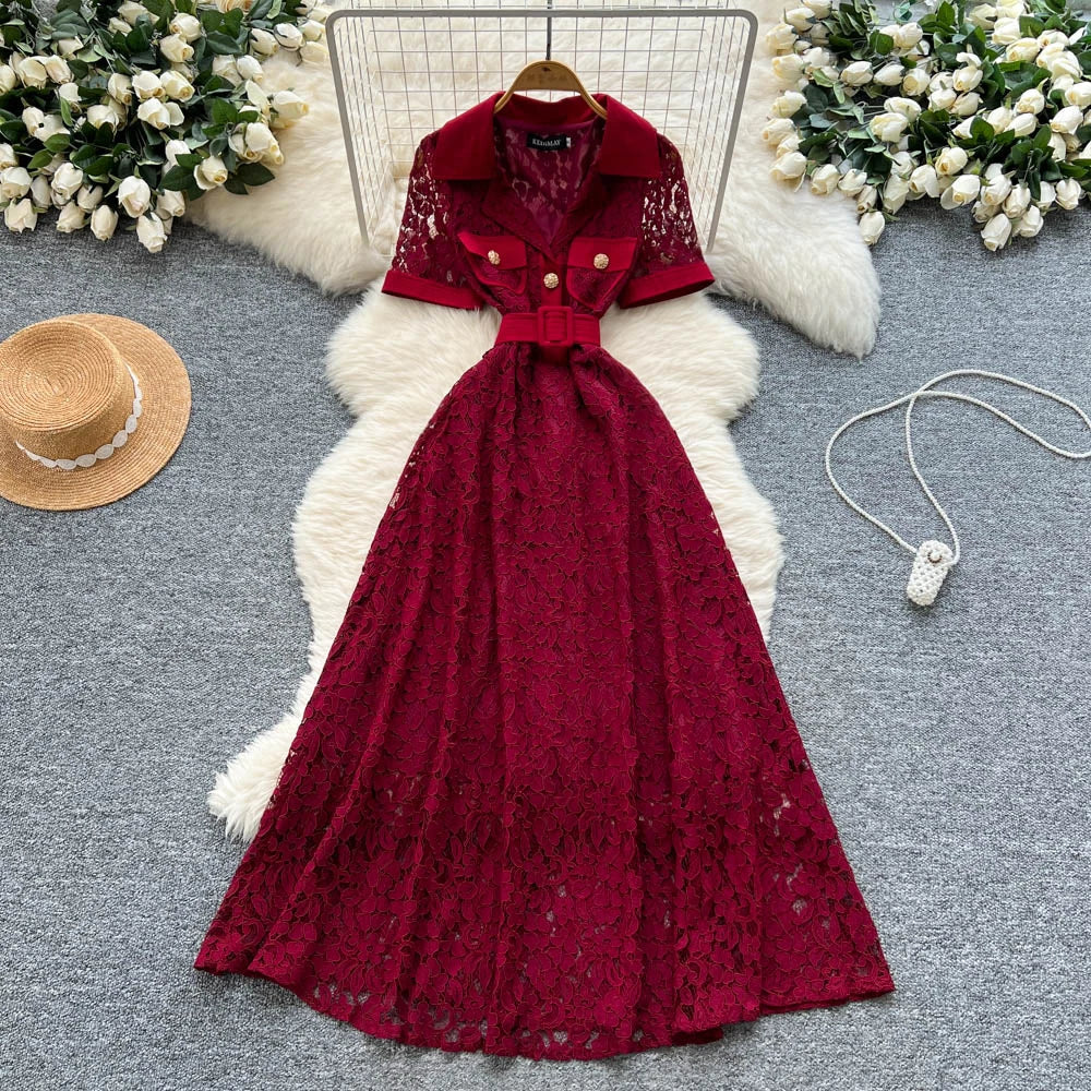 Lace Mesh Short Sleeve Evening Dress