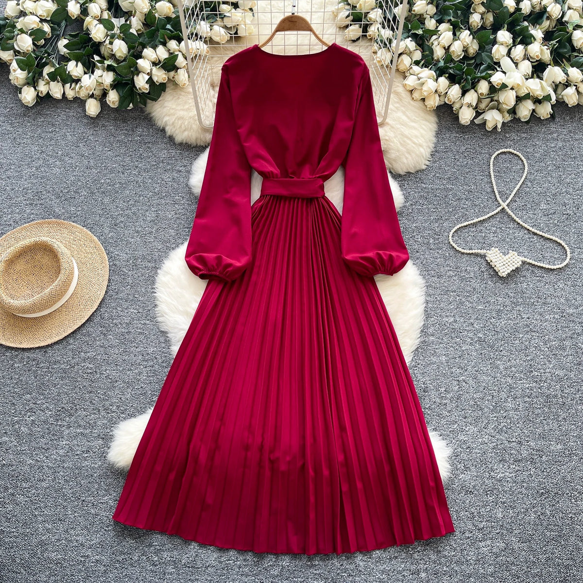 Lace Paneled Ruched V-Neck Dress