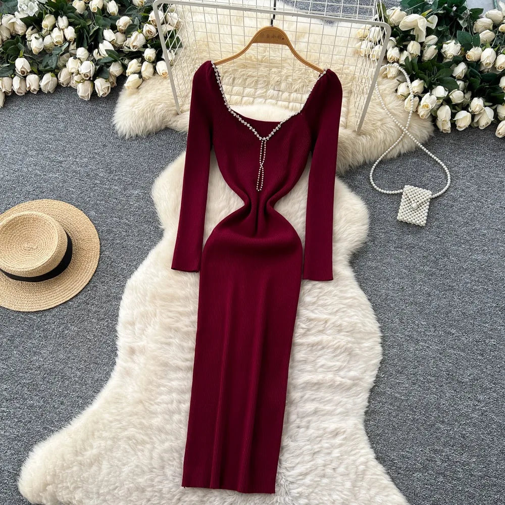 Rhinestone Long Sleeve Bodycon Maxi Dress