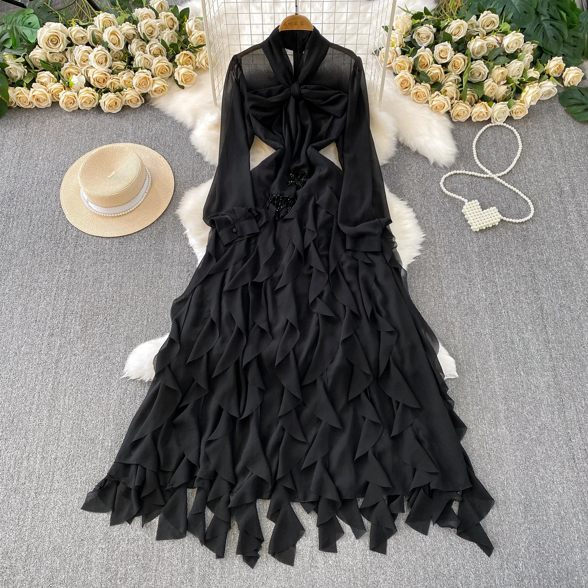 Ruffle Lace-Up Pleated V-Neck Dress