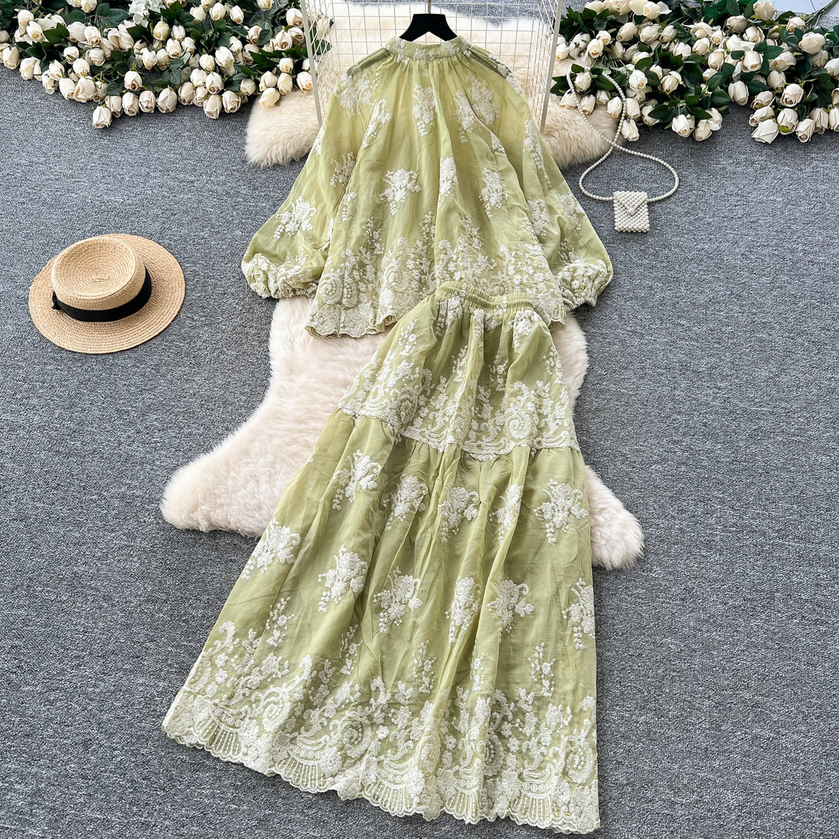 Embroidered Button Long Sleeve Two Piece Set