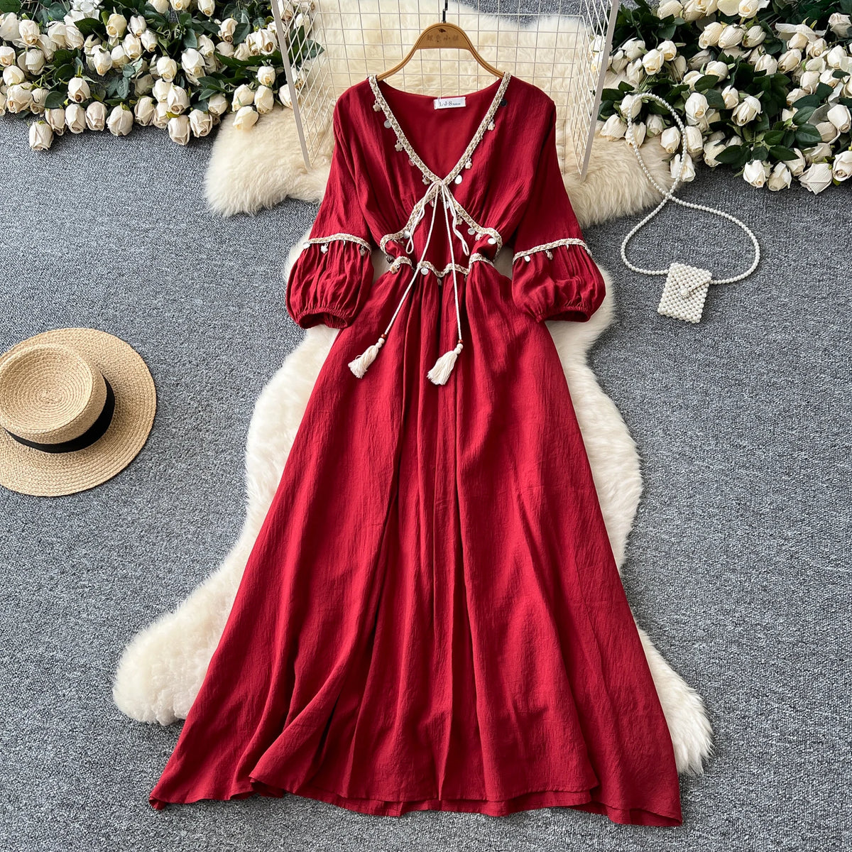 Tassel Lace-Up V-Neck Beach Dress