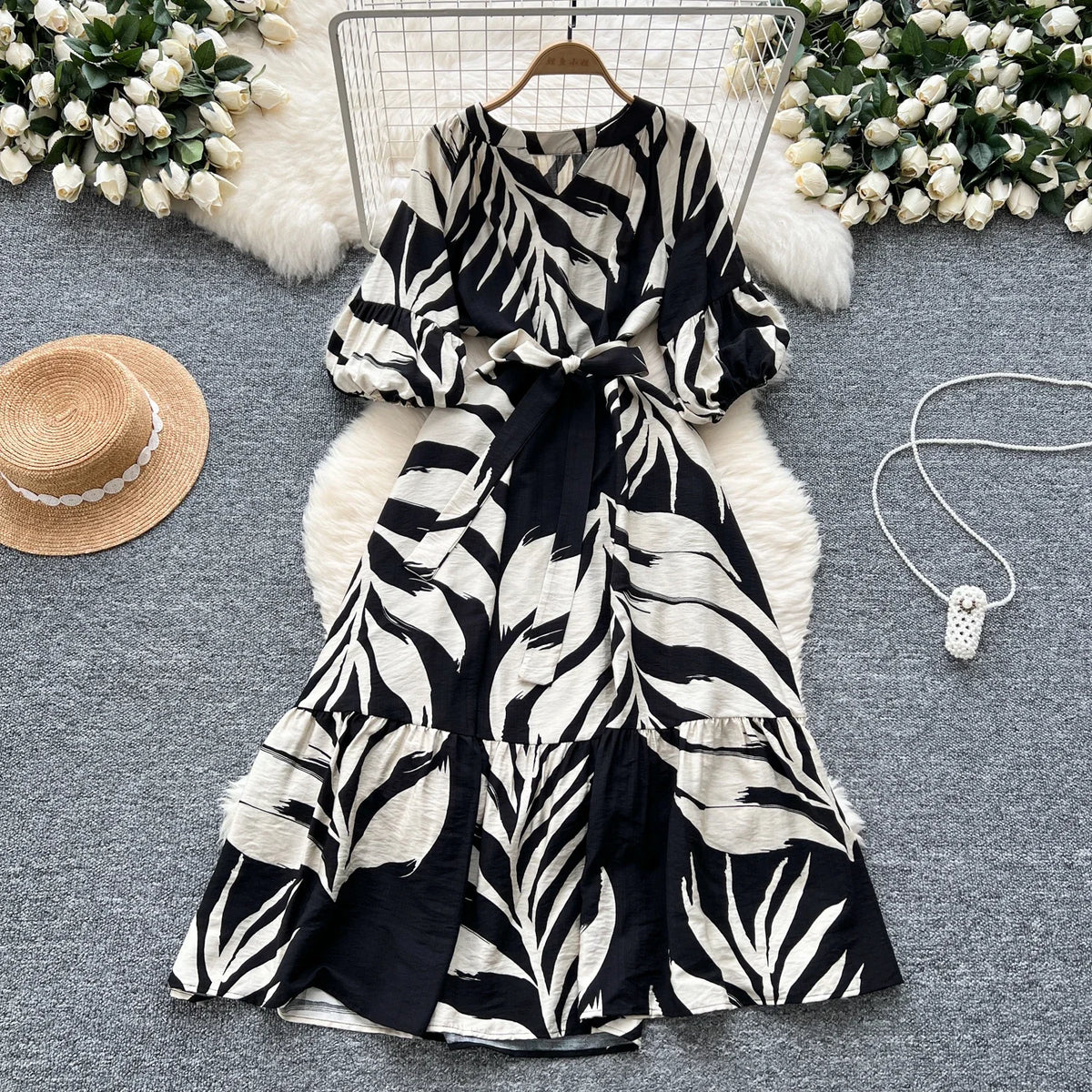 Print V-Neck Lantern Sleeve A-Line Maxi Dress