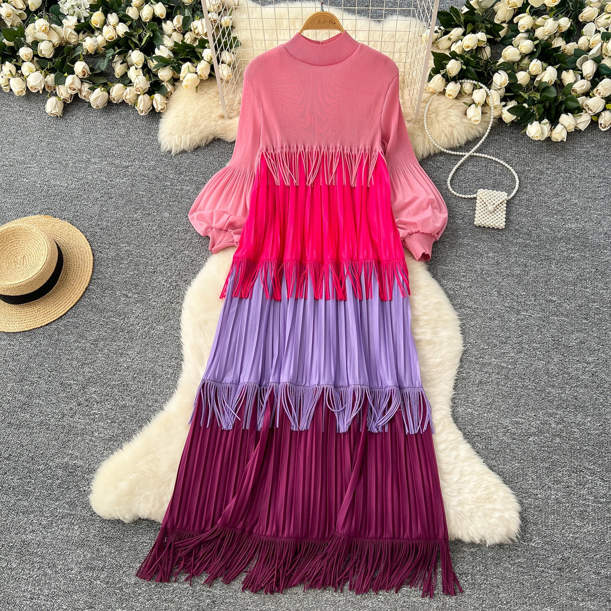 Tassel Patchwork Lantern Sleeve Dress