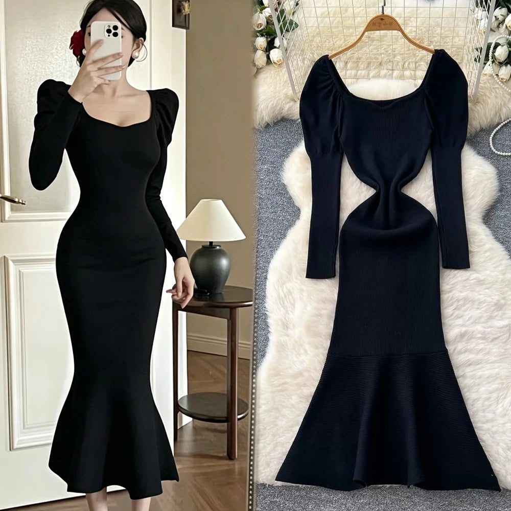 Puff Sleeve Knit Mermaid Maxi Dress