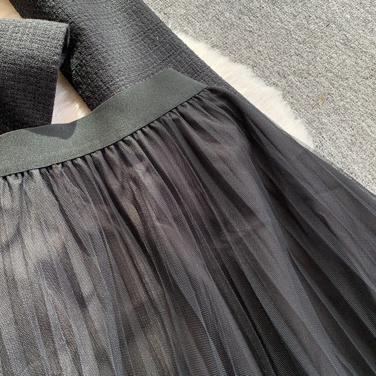 Mesh Button Long Sleeve Dress Set