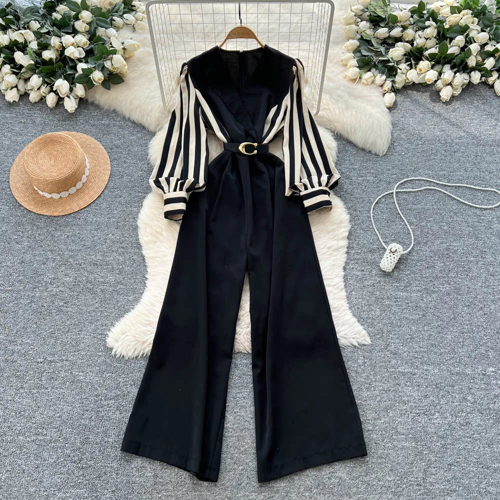 Print V-Neck Belted Wide Leg Jumpsuit