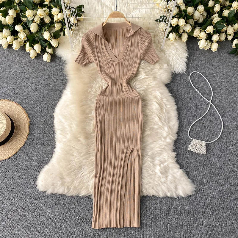 Striped Knit Collared Wrap Bodycon Dress