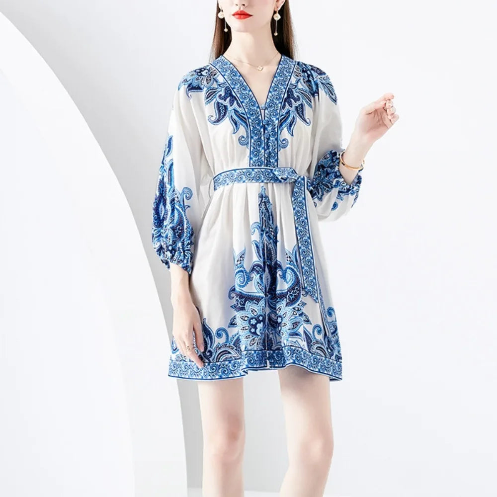 Print Puff Sleeve V-Neck Mini Dress