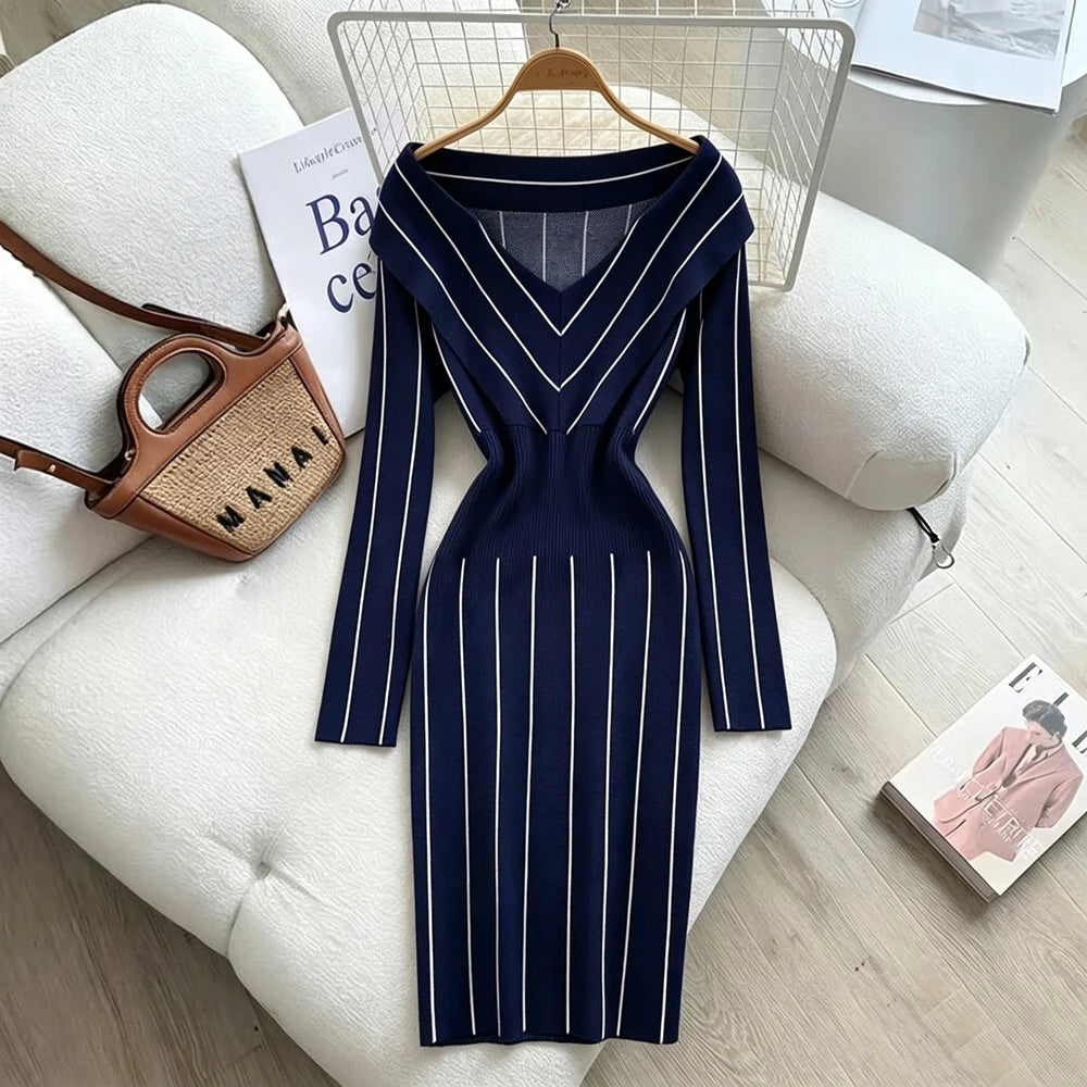 V-Neck Long Sleeve Knit Bodycon Dress