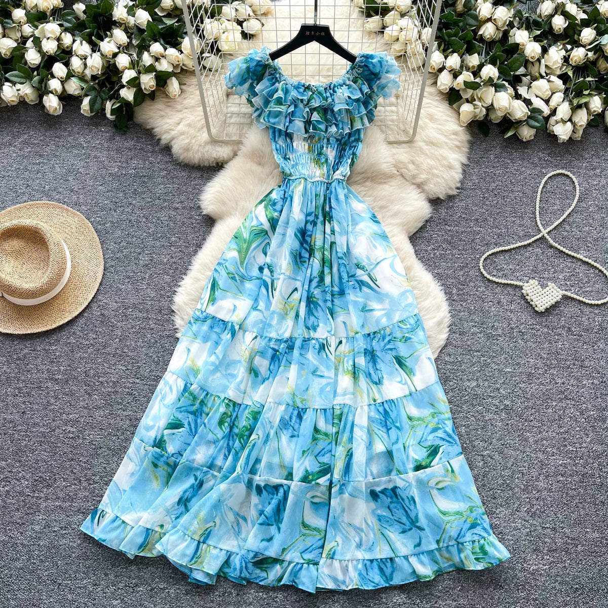 Boho Chiffon Print Off-Shoulder Maxi Dress