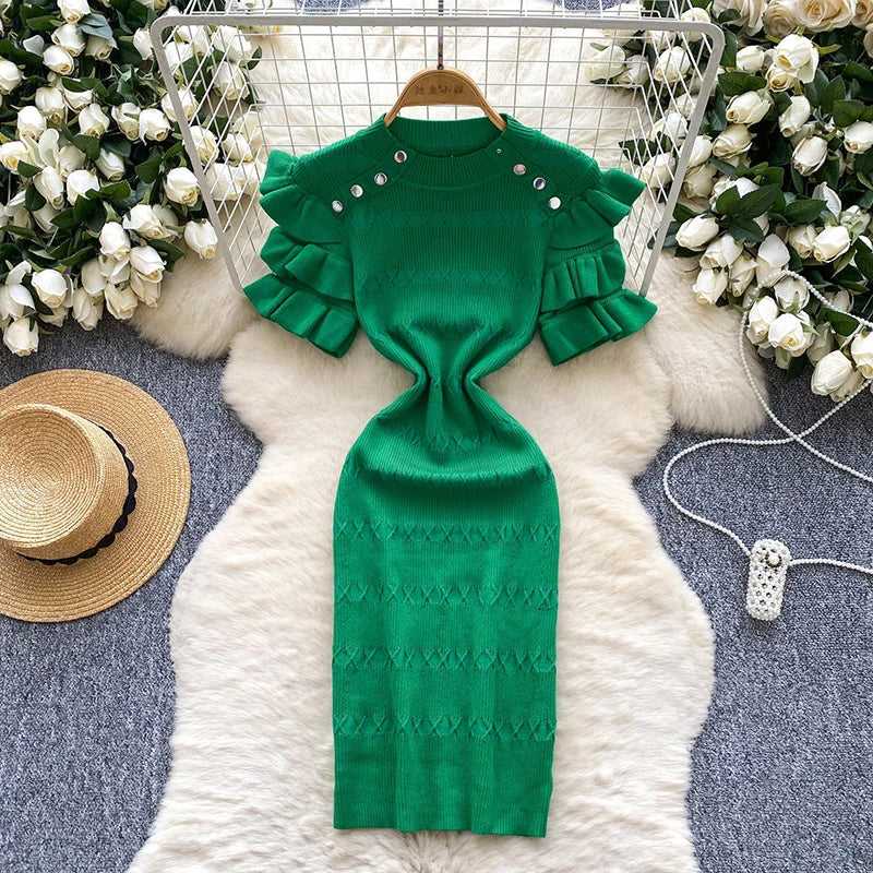Metal Button Ruffle Knit Dress