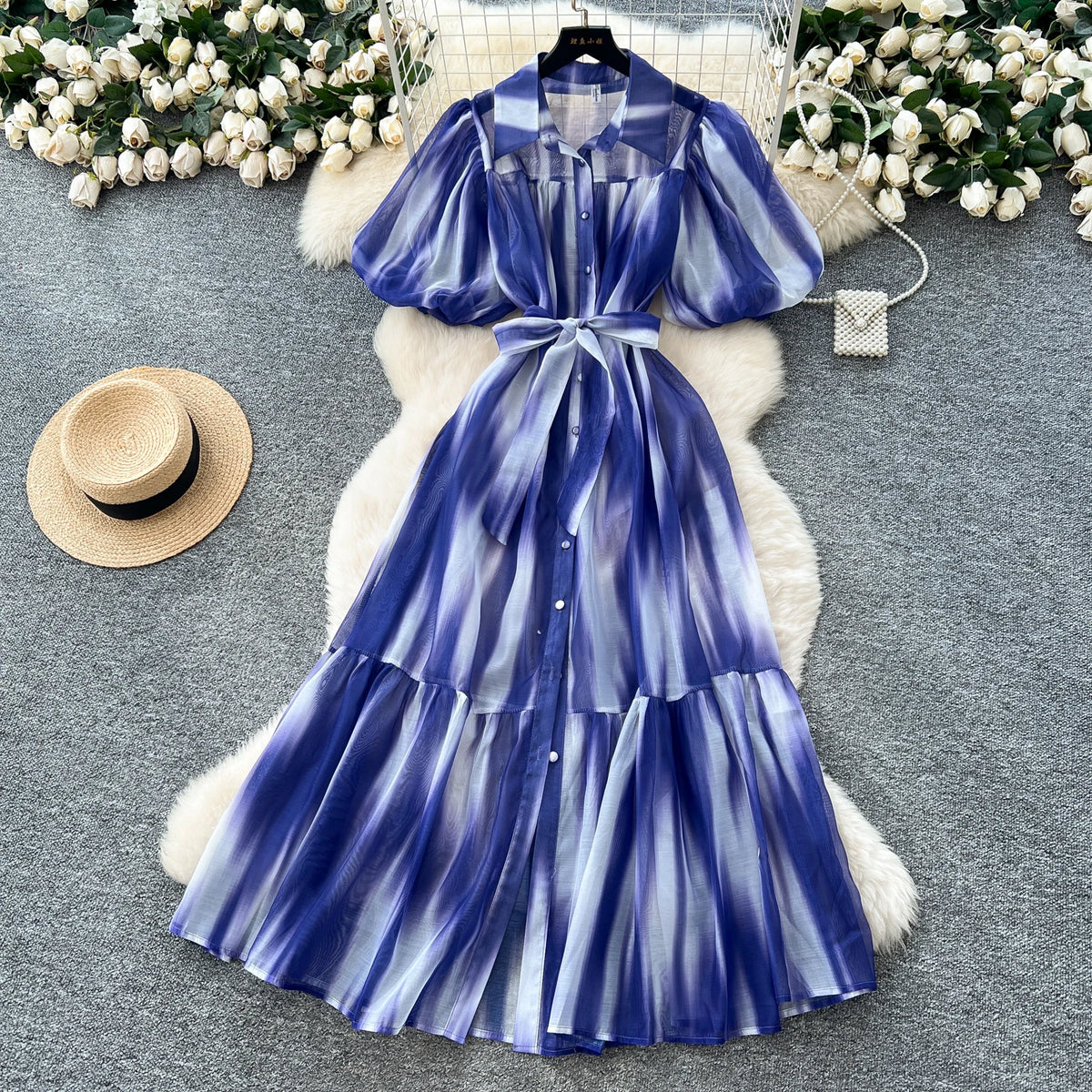 Boho Print Puff Sleeve Button Sundress