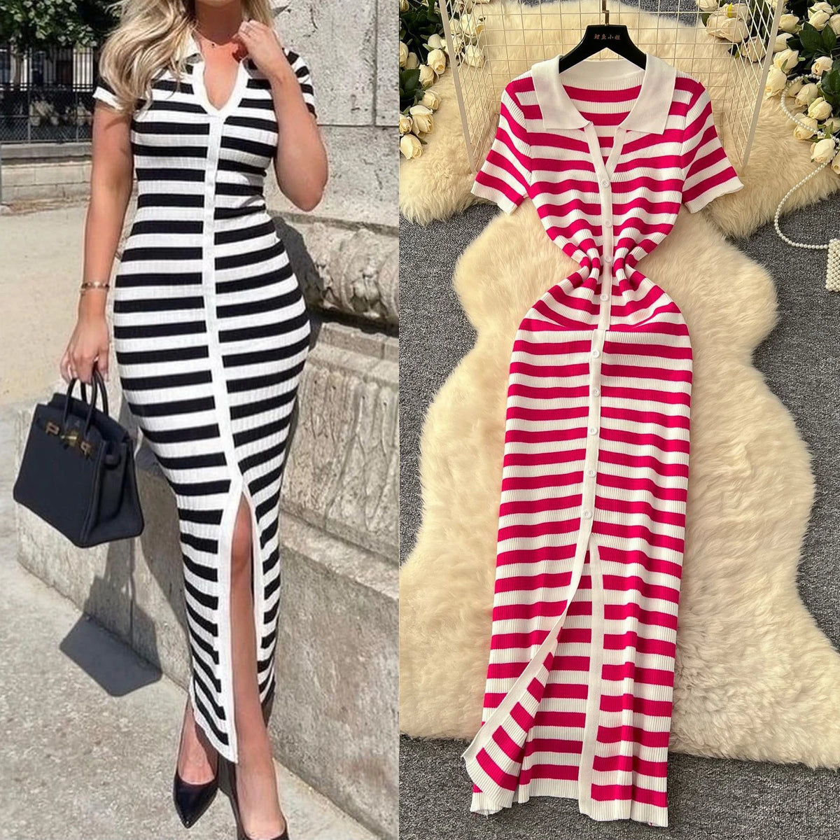Black And White Striped Knit Bodycon Maxi Dress