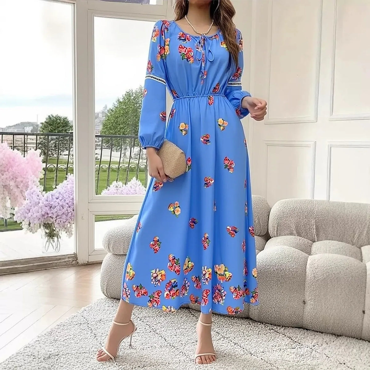 Floral Long Sleeve A-Line Maxi Dress