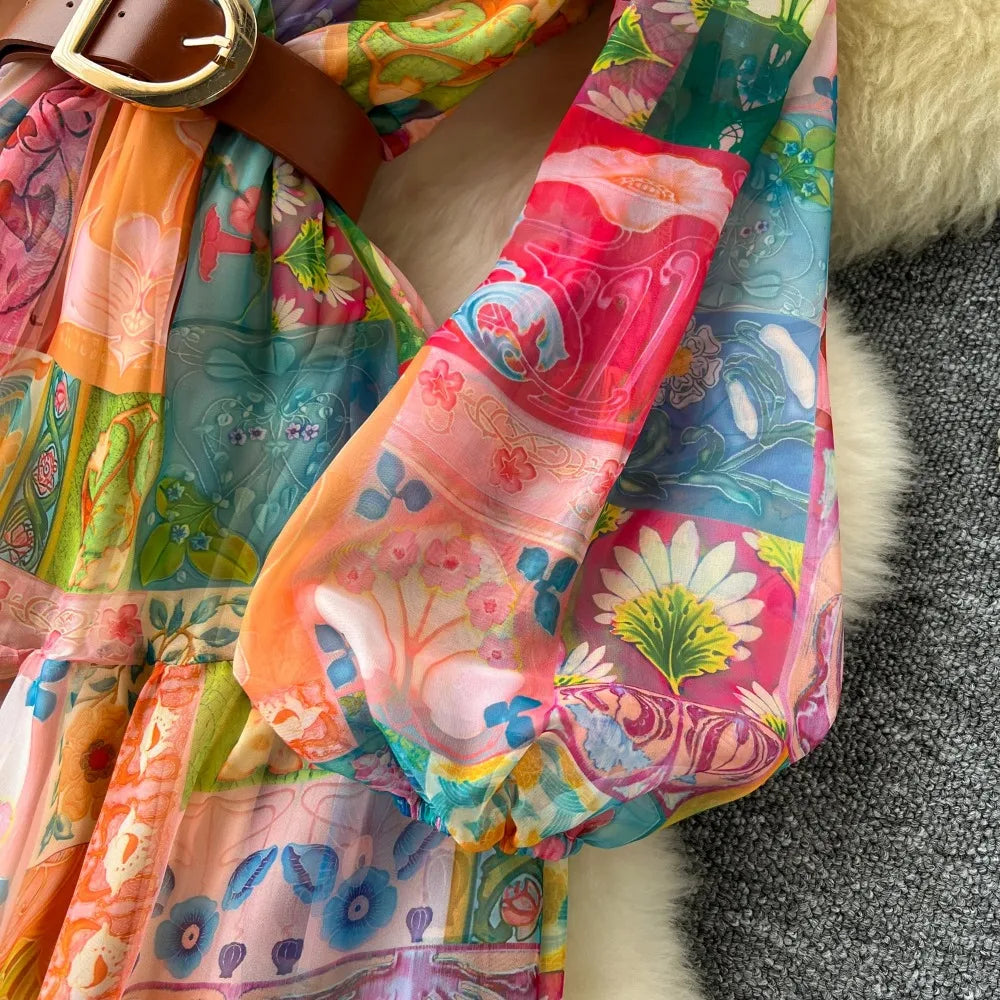 Chiffon Print Lantern Sleeve Ruffle A-Line Dress