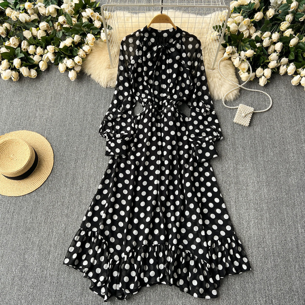 Polka Dot Chiffon Puff Sleeve A-Line Dress