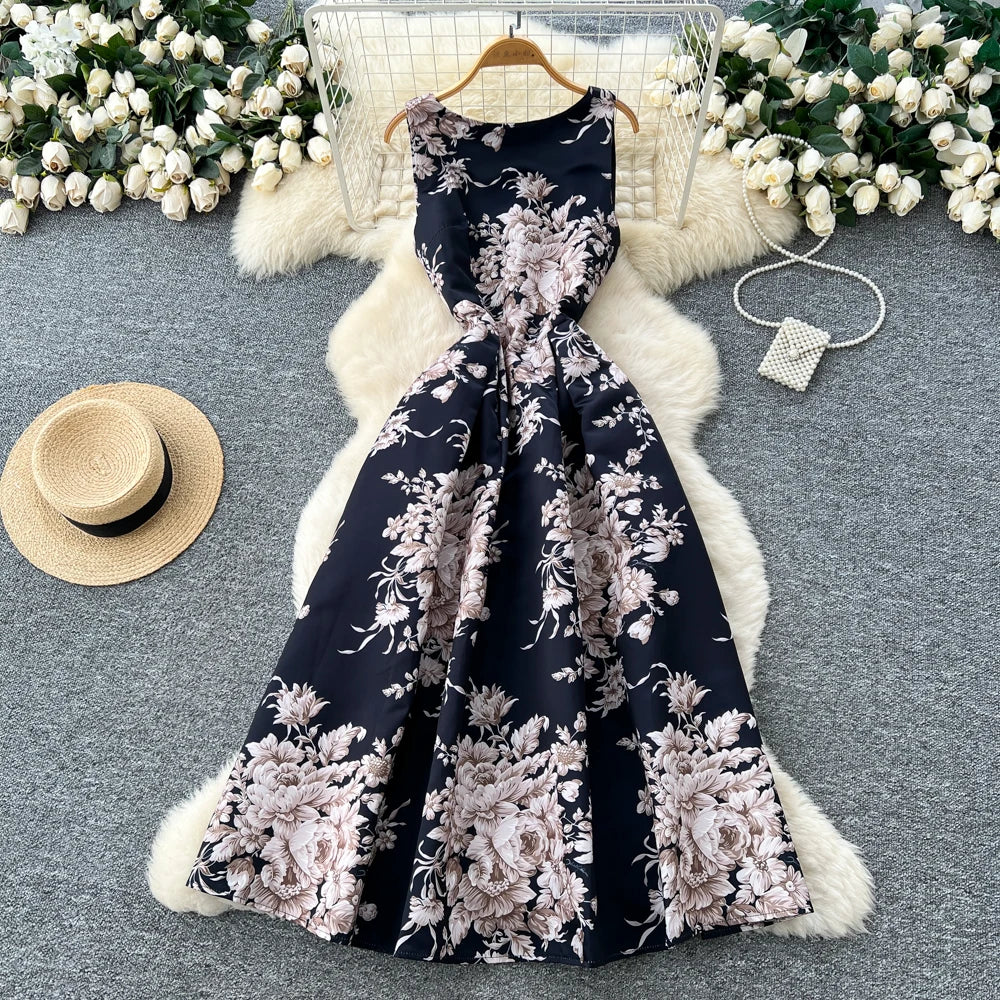 Off-Shoulder Print Sleeveless Evening Dress