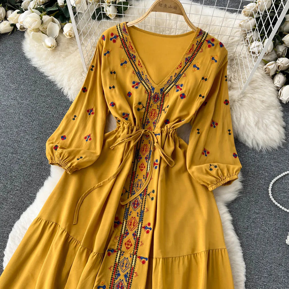 Embroidered V-Neck Lantern Sleeve Dress