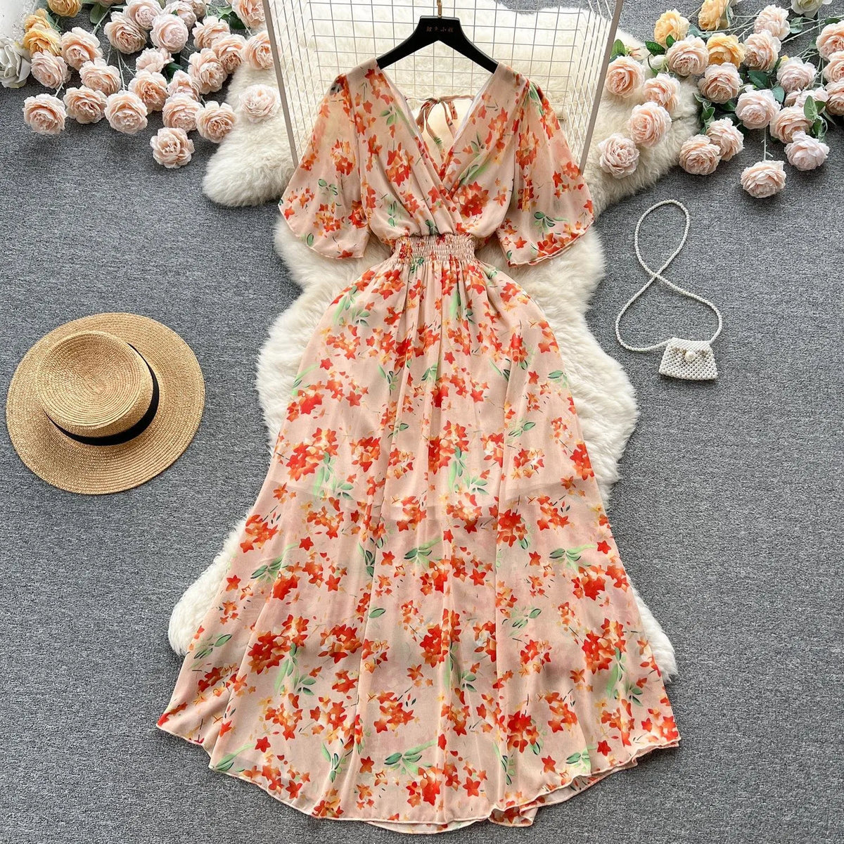 Floral Chiffon V-Neck A-Line Maxi Dress