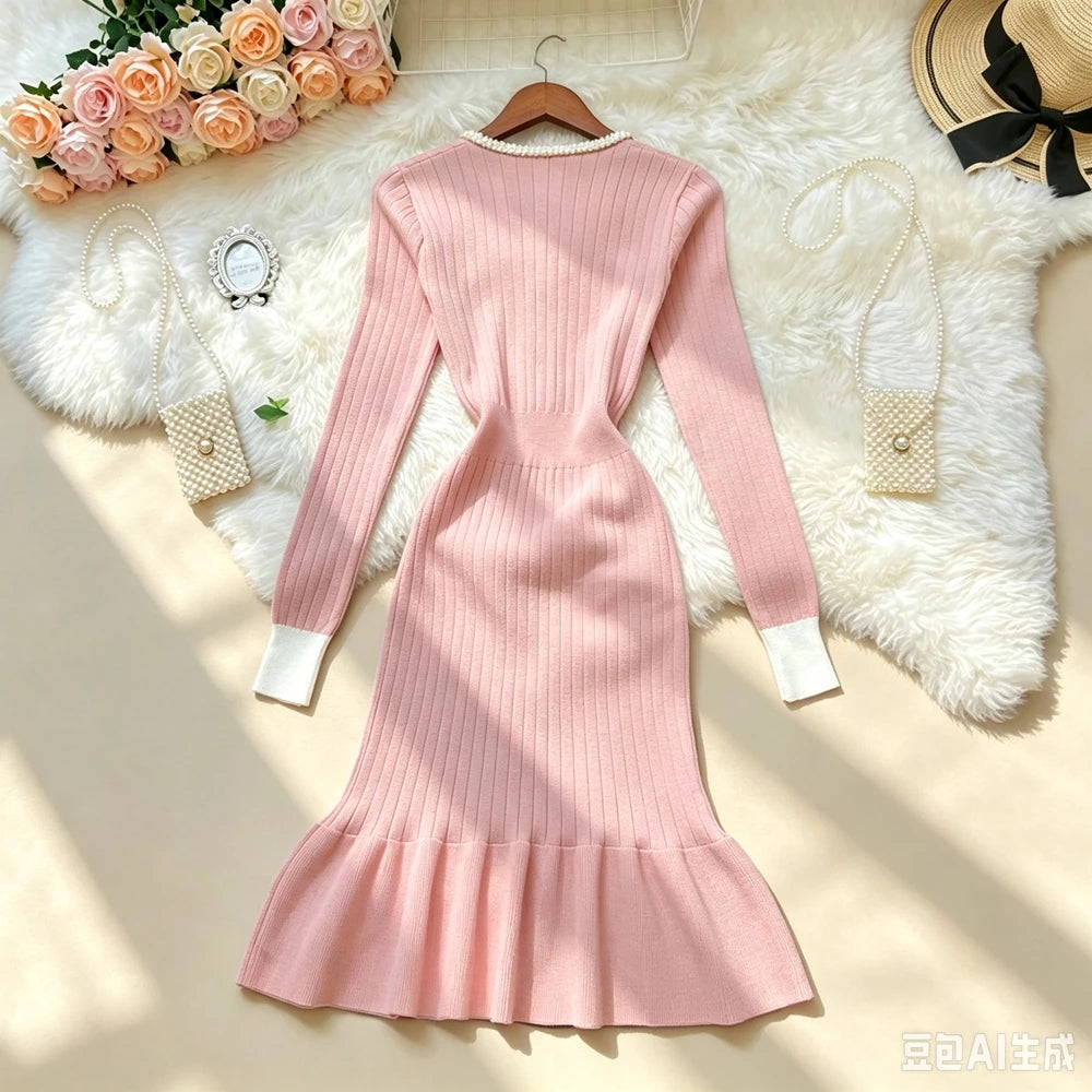 V-Neck Ruffled Knit Bodycon Party Dress
