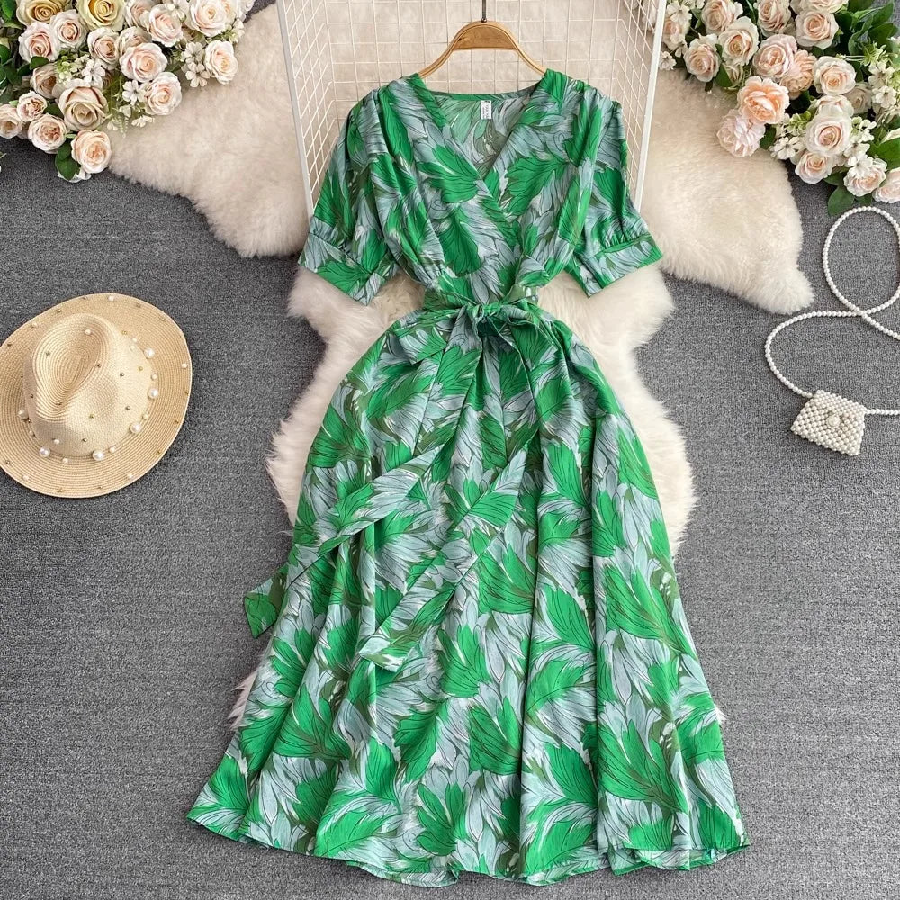 Floral Lace-Up V-Neck Boho Maxi Dress
