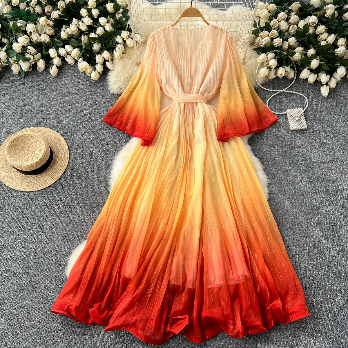 Gradient Flare Sleeve A-Line Maxi Dress