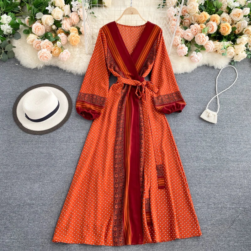Print Puff Sleeve A-Line Midi Dress