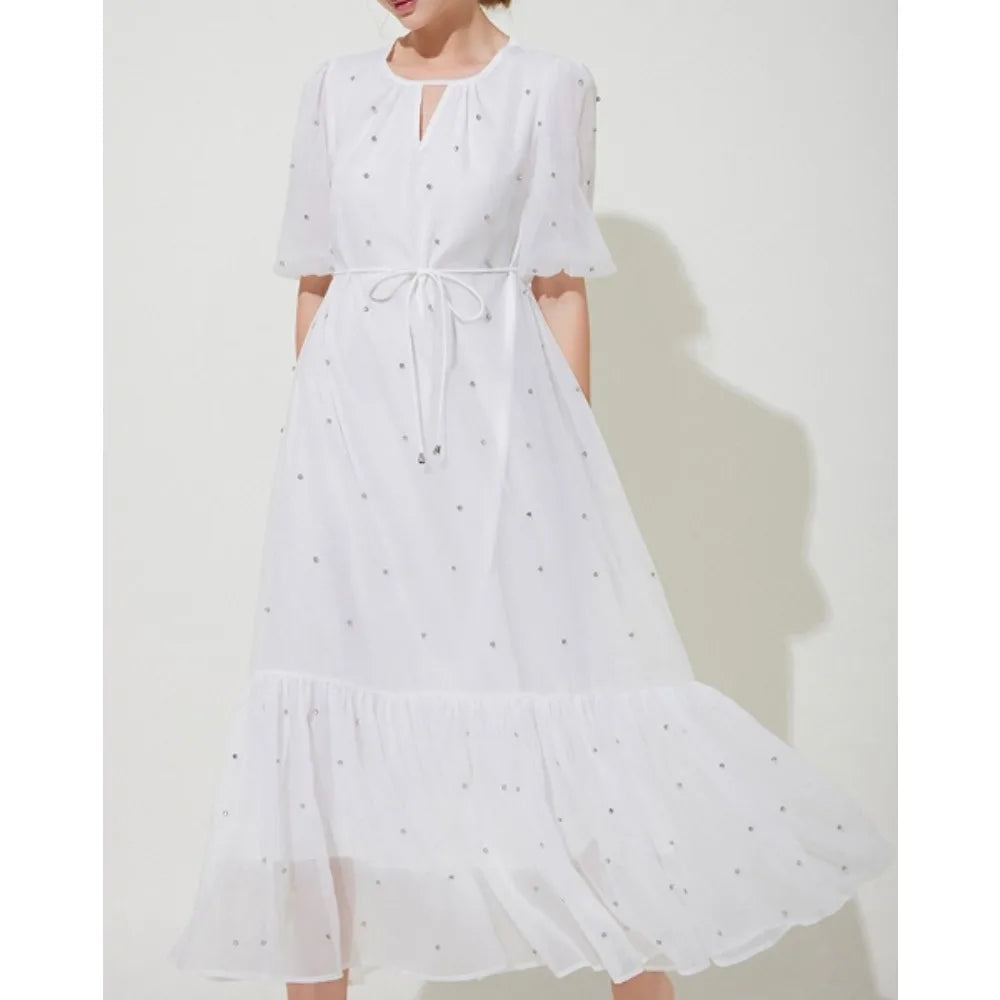 Rhinestone Mesh Lantern Sleeve Long Dress