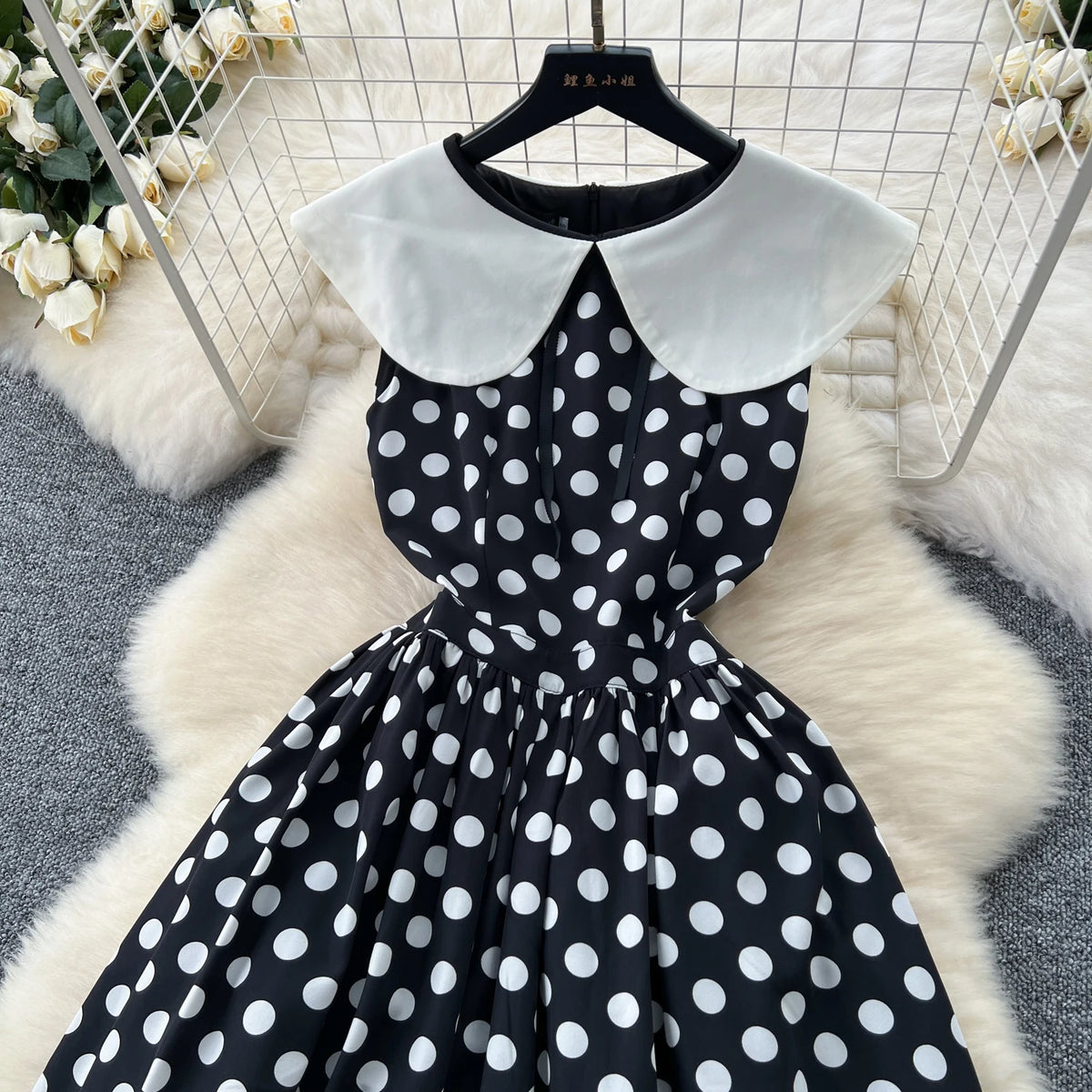Patchwork Pleated Dot Sleeveless Dress