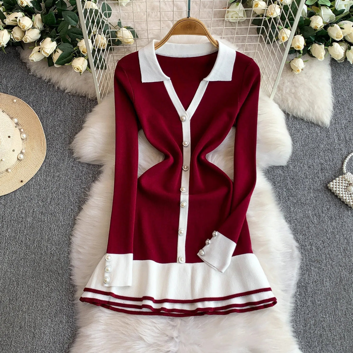 Ruffled Pleated Knit A-Line Mini Dress