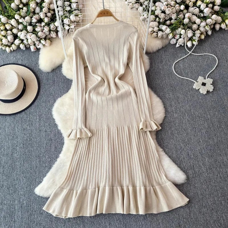 Ruffled Button V-Neck Knit Maxi Dress