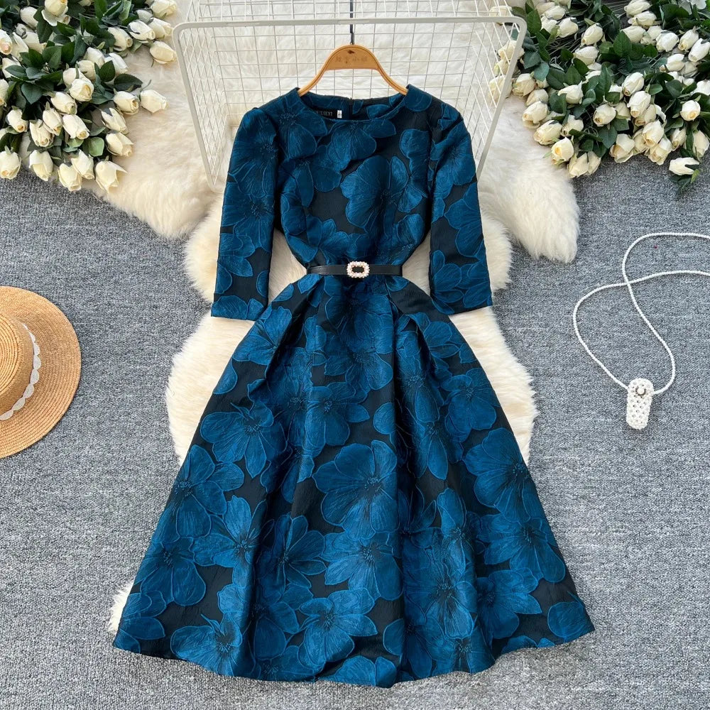 Jacquard Print Sash A-Line Gown