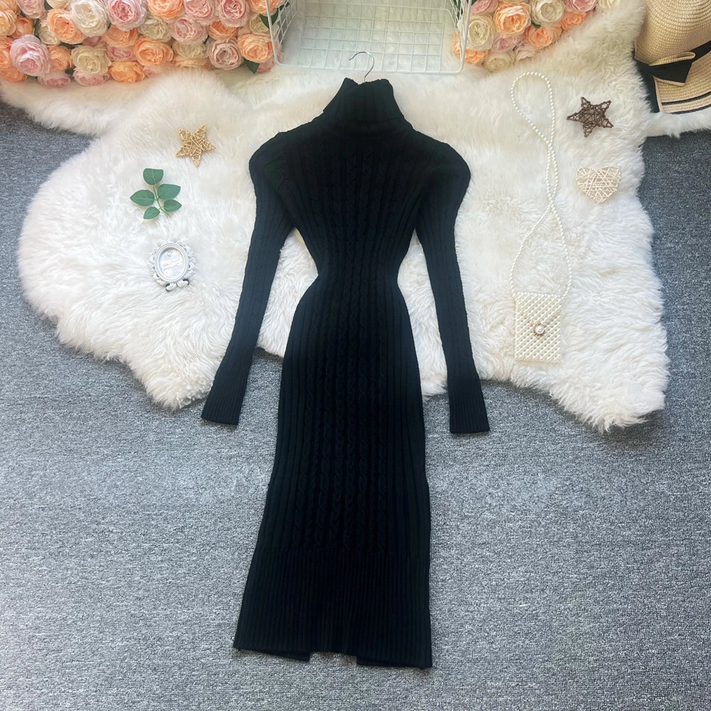 Twist Turtleneck Knit Sweater Dress