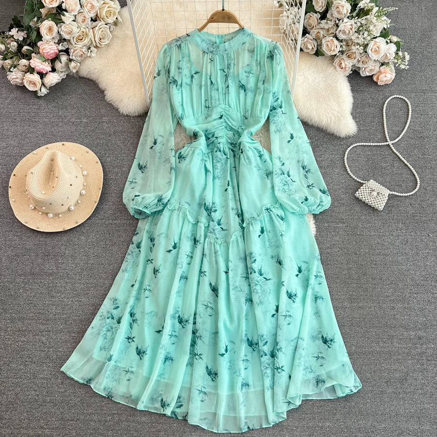Print Mock Neck Lantern Sleeve A-Line Dress