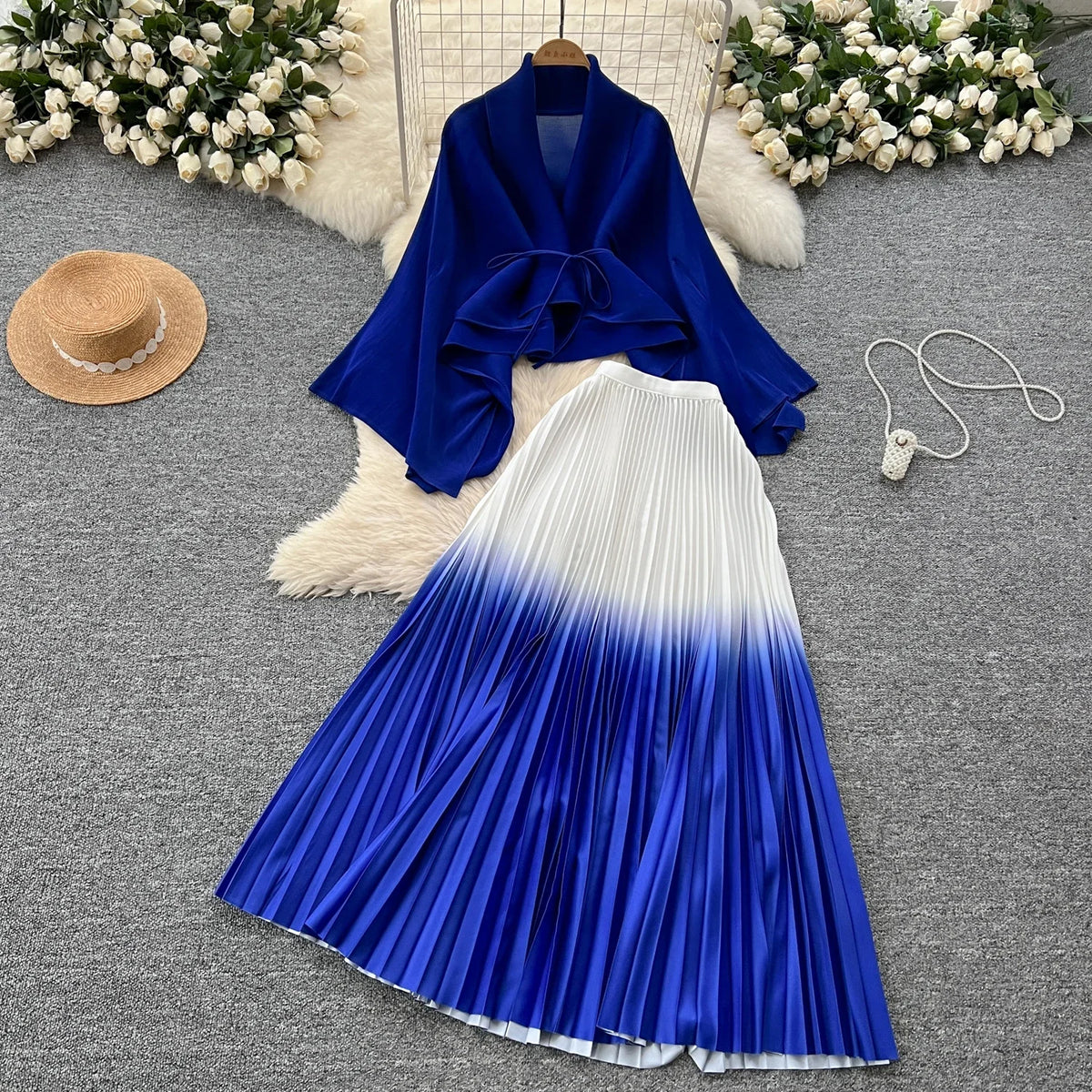 Gradient Bandage Top and Pleated Skirt Set