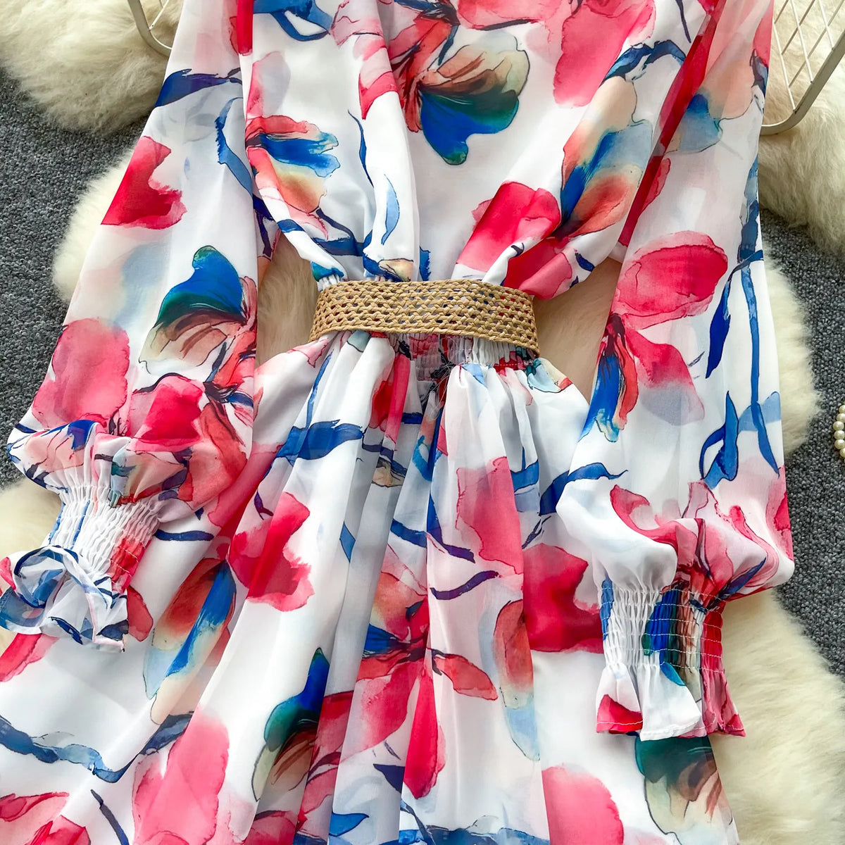 Print Chiffon Lantern Sleeve Midi Dress