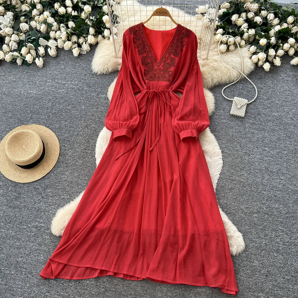 Embroidered V-Neck Tie Maxi Dress